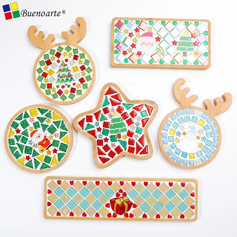 Bamboo Coaster 5 Pcs Flower Star Mosaic Base 1cm Thick Modern Design Room Use for DIY Mosaic Art Craft Kits