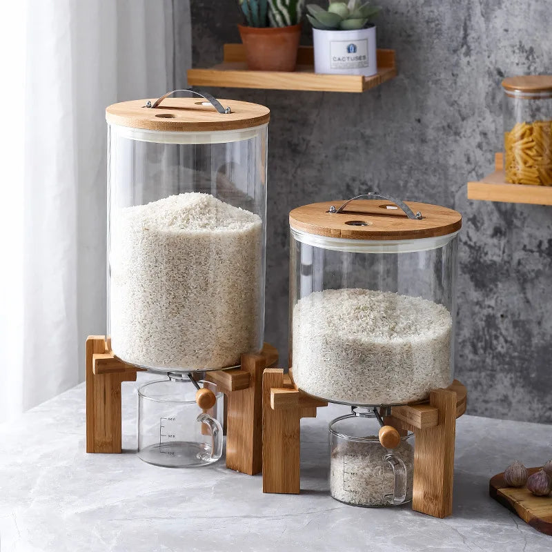 Eco-Friendly 5L/8L Glass Tank Container Freshness Preserving Bamboo Lid Tap Kitchen Food Storage Rice Dispenser for Party Use