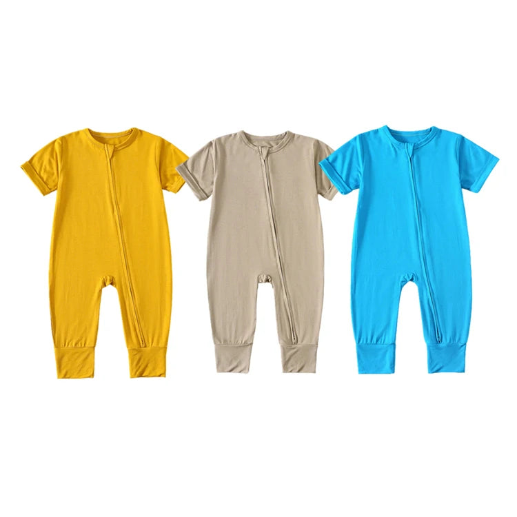 Children's Unisex Bamboo Fiber Spandex Knitted Newborn Rompers Spring Short Sleeve Two-Way Zipper Soft Breathable Climbing