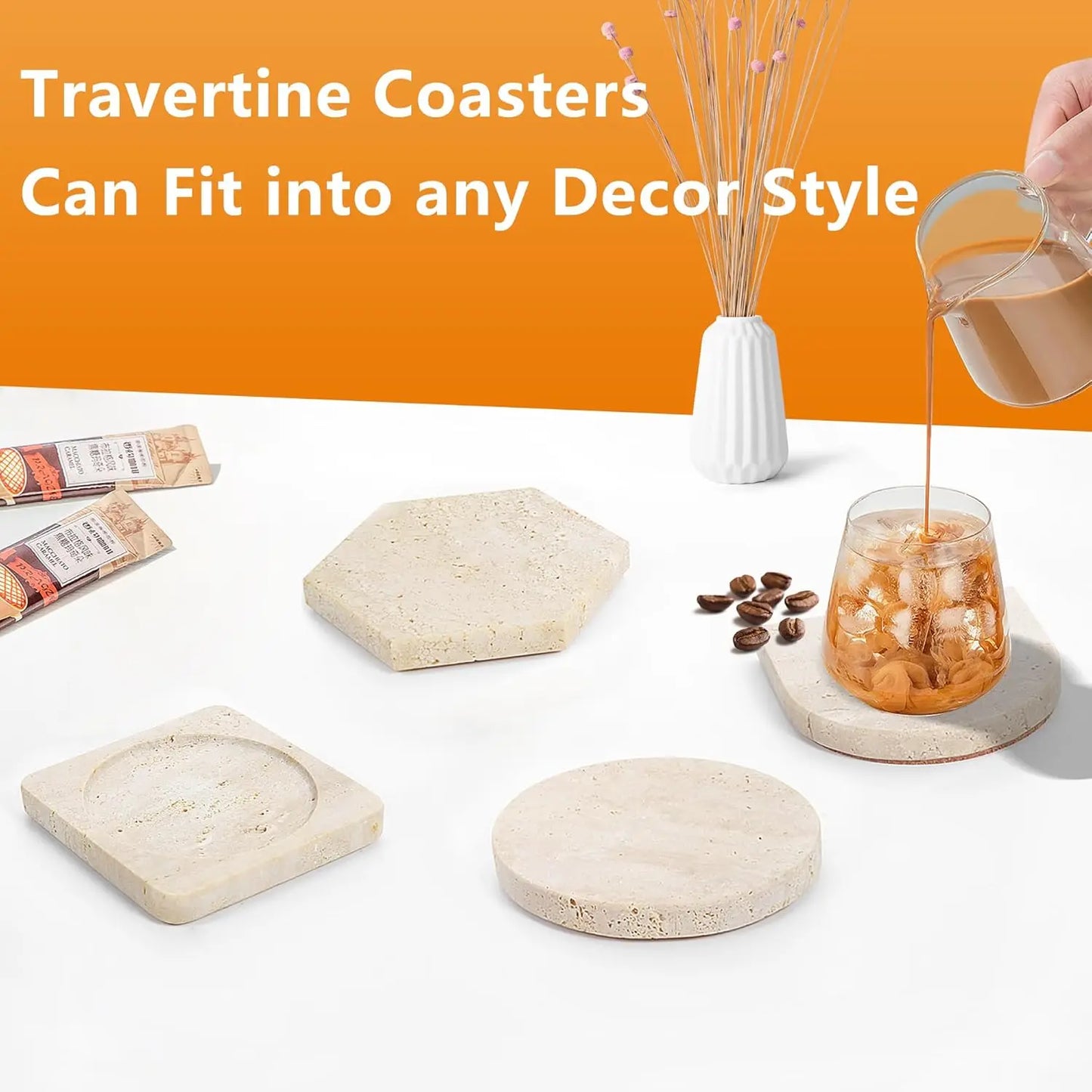 Natural Marble Travertine Coasters Non-Slip Absorbent Round Stone Drink Mat  Cork Pads for Table Decor Wedding Gift