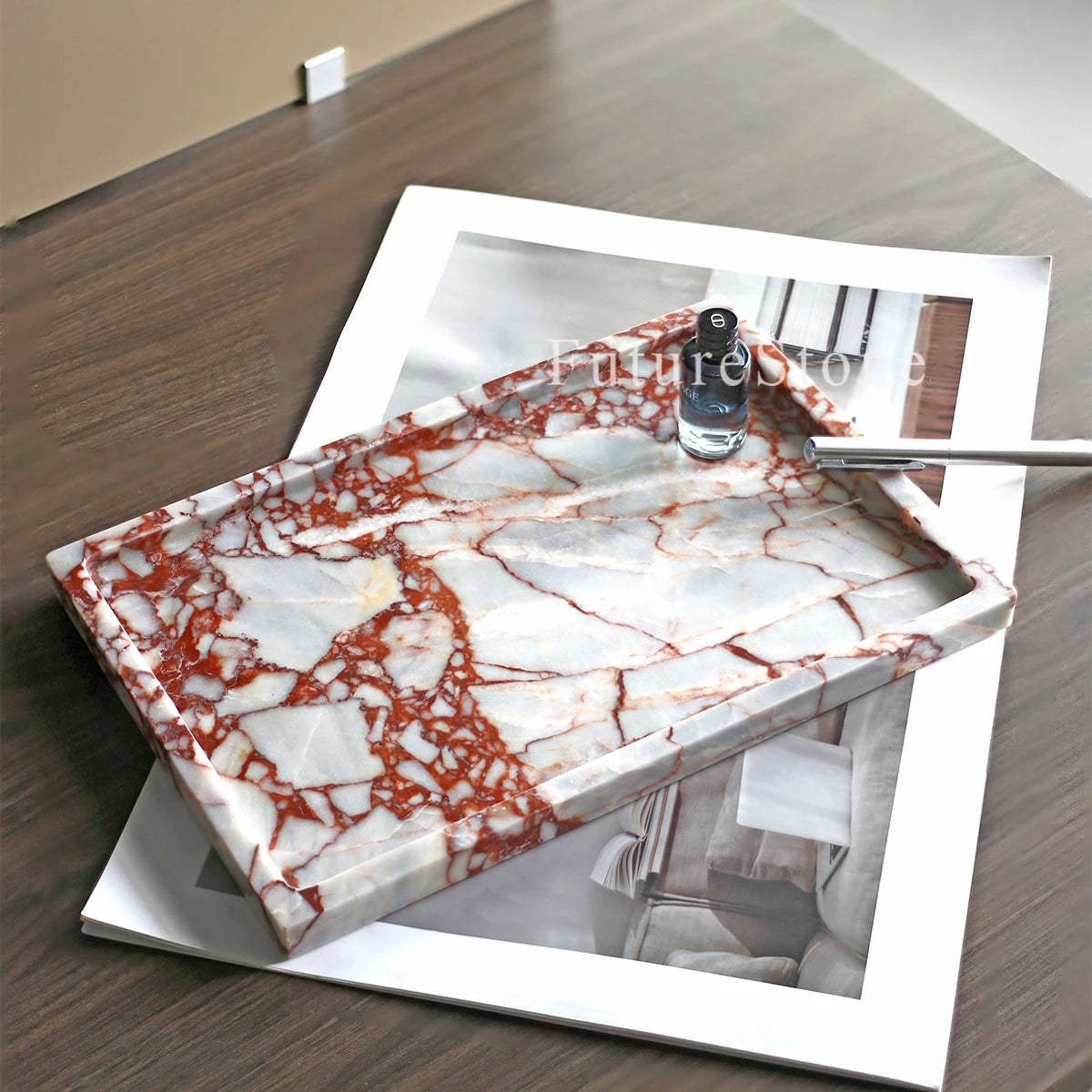 Luxury Natural Rectangle  Calacatta Red Marble Serving Tray Decorative Food Fruit Jewelry Display Tray for Christmas Home Decor