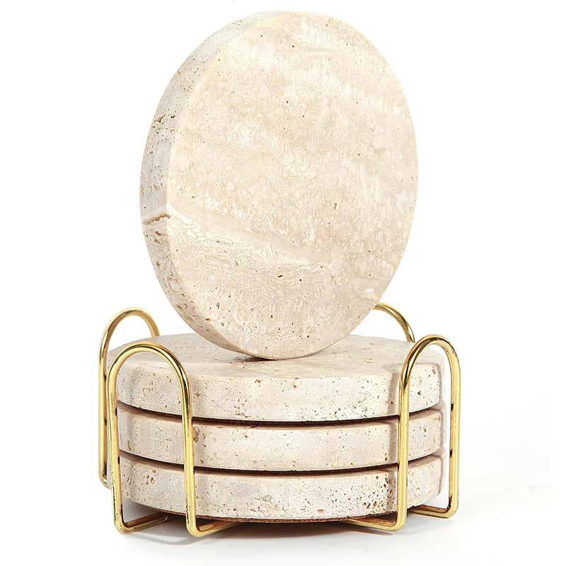 Natural Marble Travertine Coasters Non-Slip Absorbent Round Stone Drink Mat  Cork Pads for Table Decor Wedding Gift