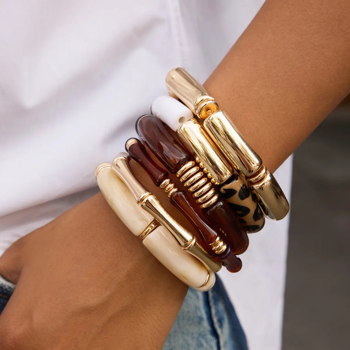 MW New Styles 2pcs Set Vintage Resin Bamboo Bangles UV Gold Plated Leopard Amber Resin Bamboo Joint Bangle Bracelets Wholesale