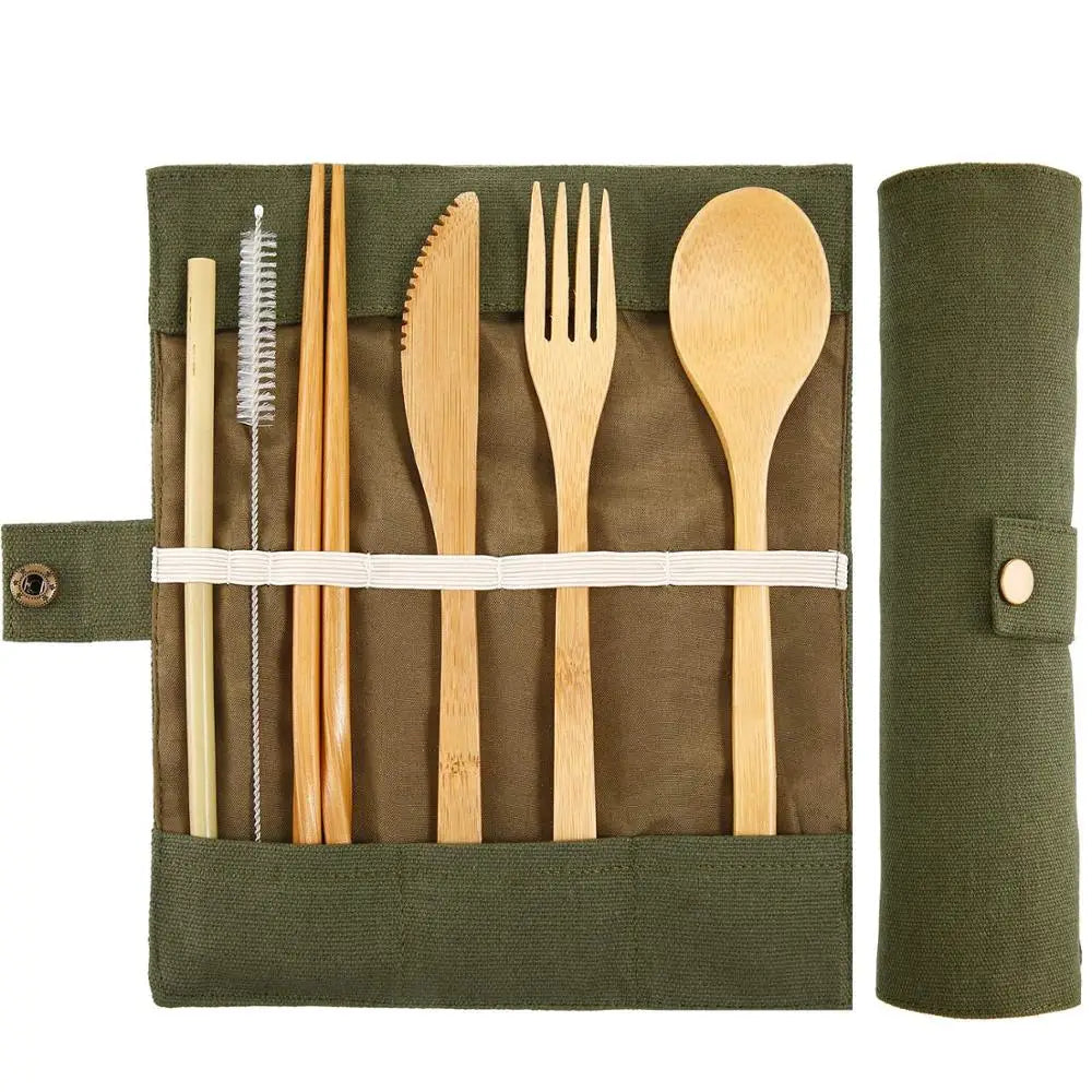 Knife Fork Spoon Chopsticks Drinking Straw and Clean Brush Set Portable Bamboo for Home Kitchen High Quality Custom 7 Pcs Modern