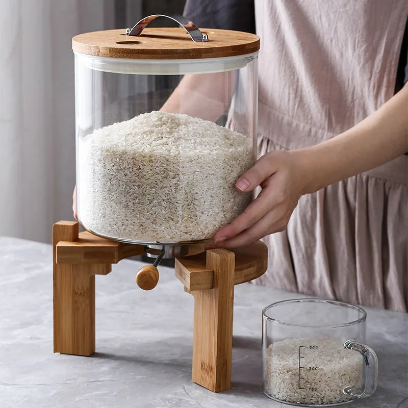 Eco-Friendly 5L/8L Glass Tank Container Freshness Preserving Bamboo Lid Tap Kitchen Food Storage Rice Dispenser for Party Use