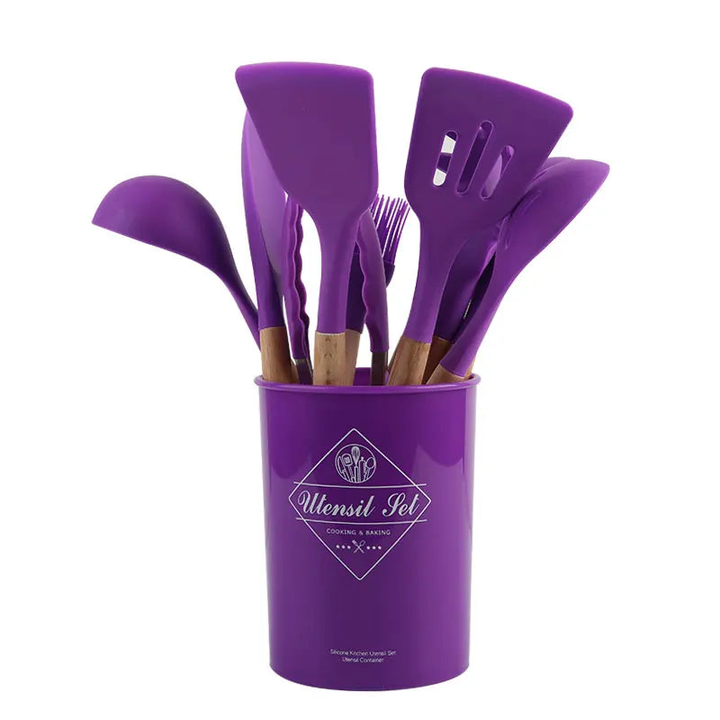 Factory Direct Sale Eco-friendly Organic Silicone Kitchen Tool Set With Wooden Handle