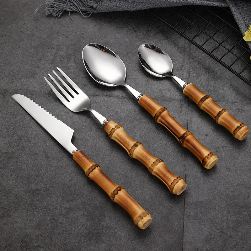Natural Wooden Handle Spoon Fork Knife Flatware Set Gift Box 304 Stainless Steel Cutlery with Bamboo Handle