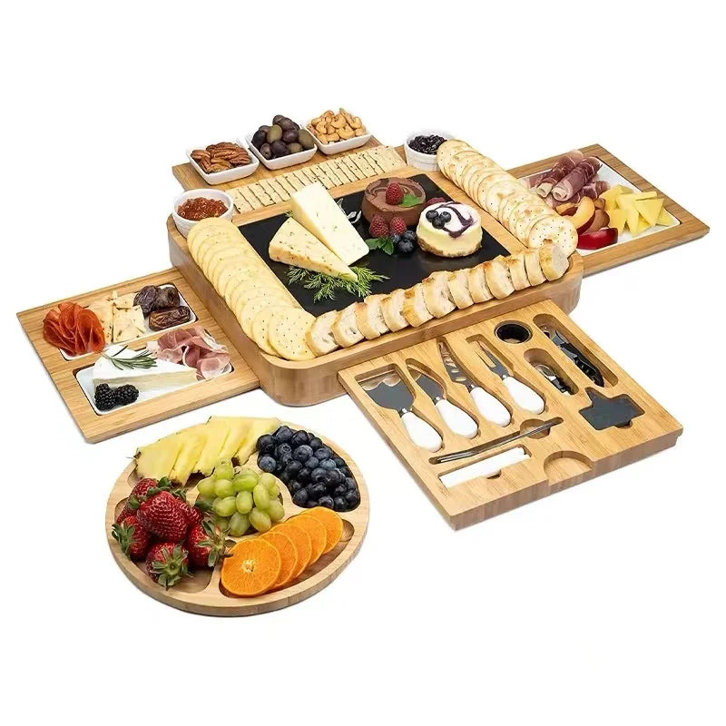 Premium Bamboo Charcuterie Board Set with Extendable Trays & 8-Piece Cutlery - Cheese, Meat & Fruit Serving Platter (OEM/ODM)
