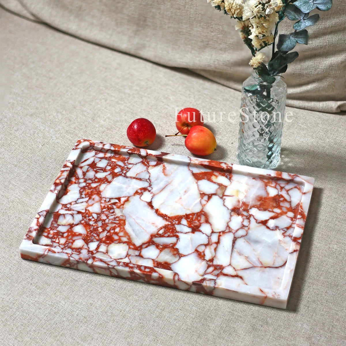 Luxury Natural Rectangle  Calacatta Red Marble Serving Tray Decorative Food Fruit Jewelry Display Tray for Christmas Home Decor