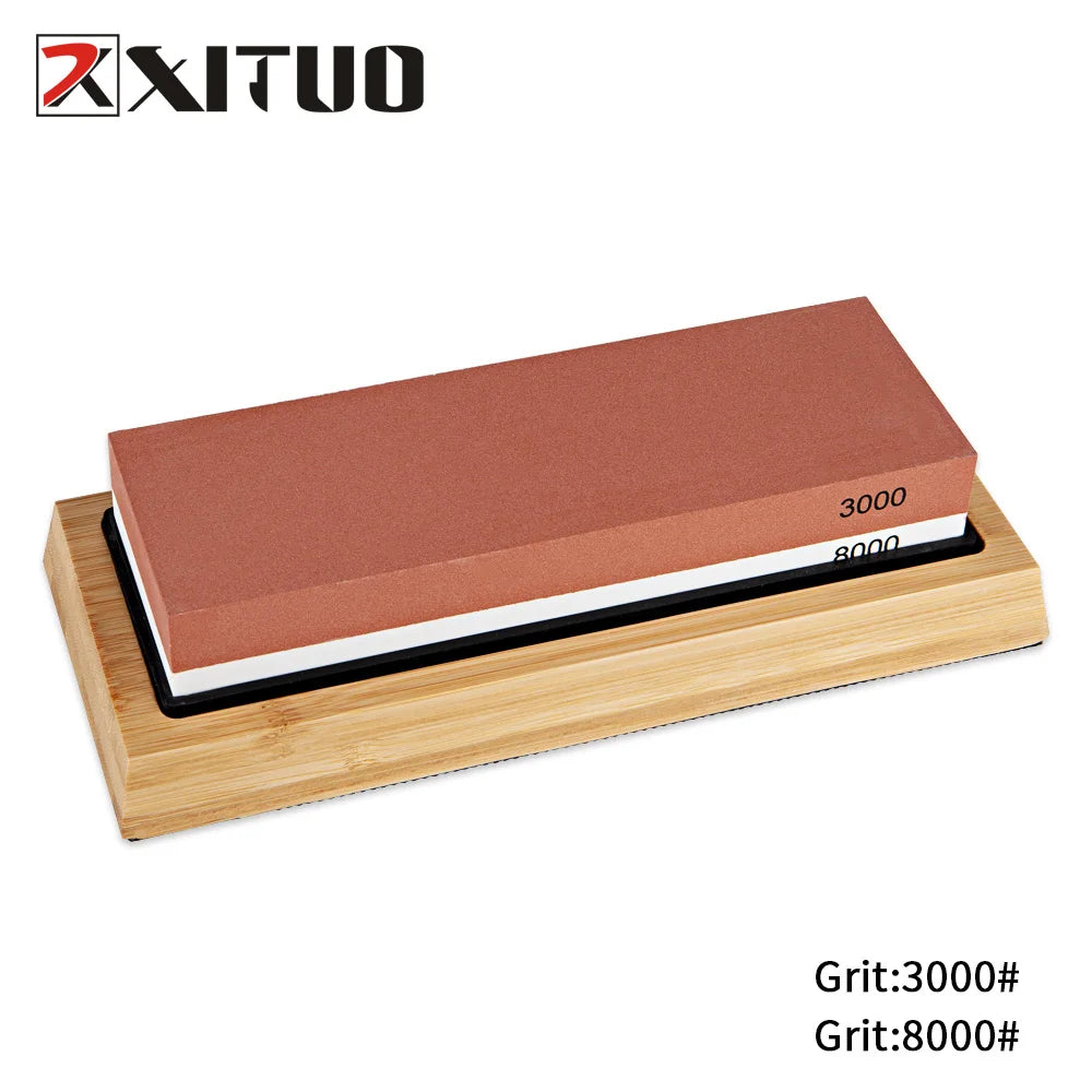 Knife Sharpener Stone 2 Side Whetstone Kit Quick Sharpening for Damascus and Quality Knife With NonSlip Bamboo Base
