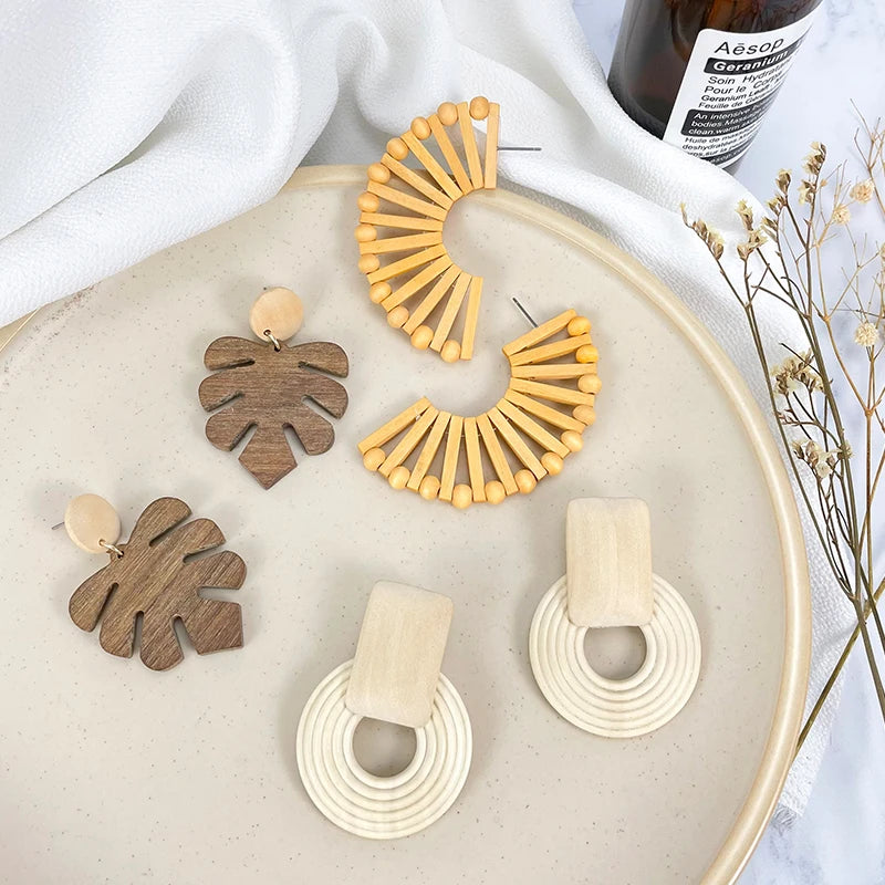 HOVANCI Handmade Africa Wooden Earrings  S925 Sterling Silver Stud Bamboo Big Rattan Earrings for Women Birthday Party Gift