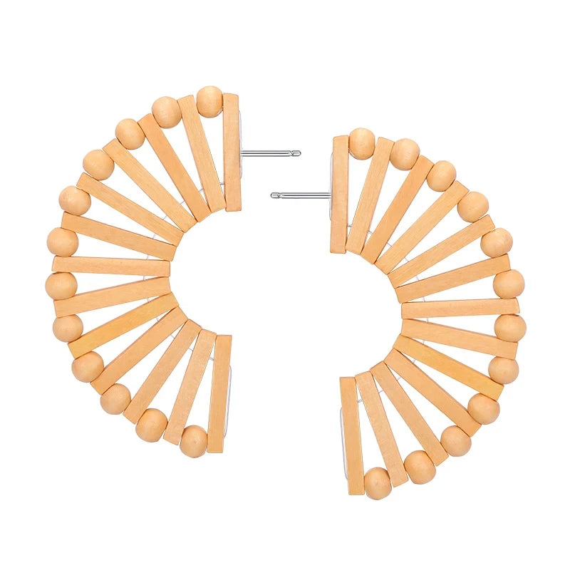 HOVANCI Handmade Africa Wooden Earrings  S925 Sterling Silver Stud Bamboo Big Rattan Earrings for Women Birthday Party Gift