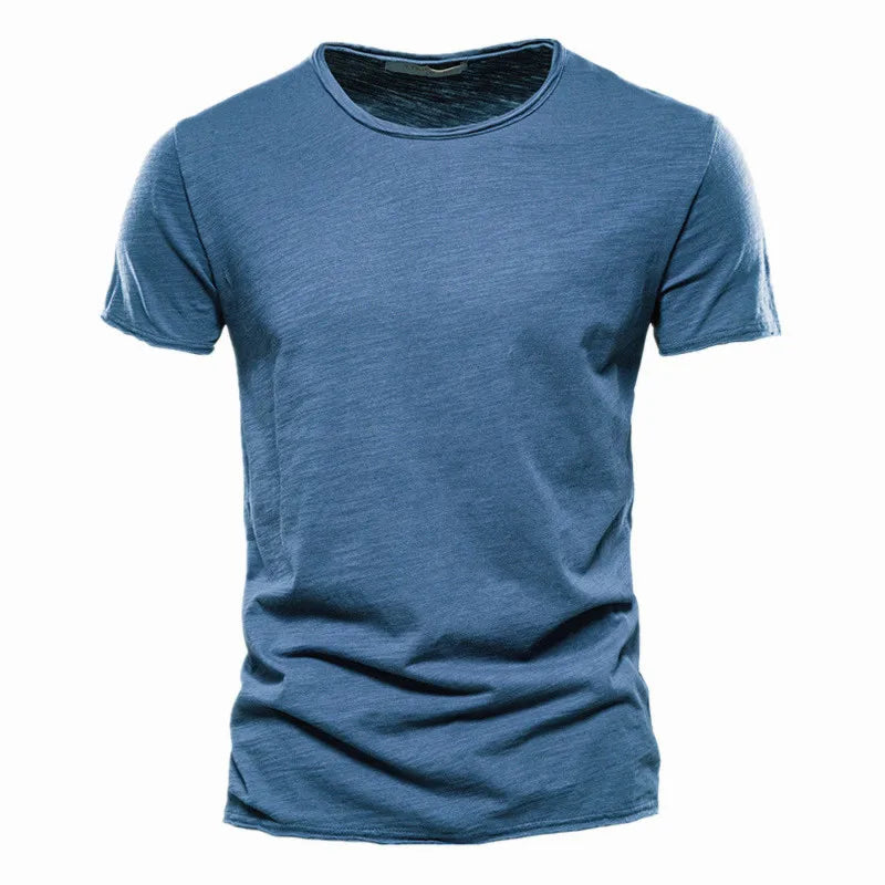 2024 Summer Hot Selling Men's New Solid Color Neck Short Sleeved Top Bamboo Joint Cotton Casual Knitted Pure Cotton Design