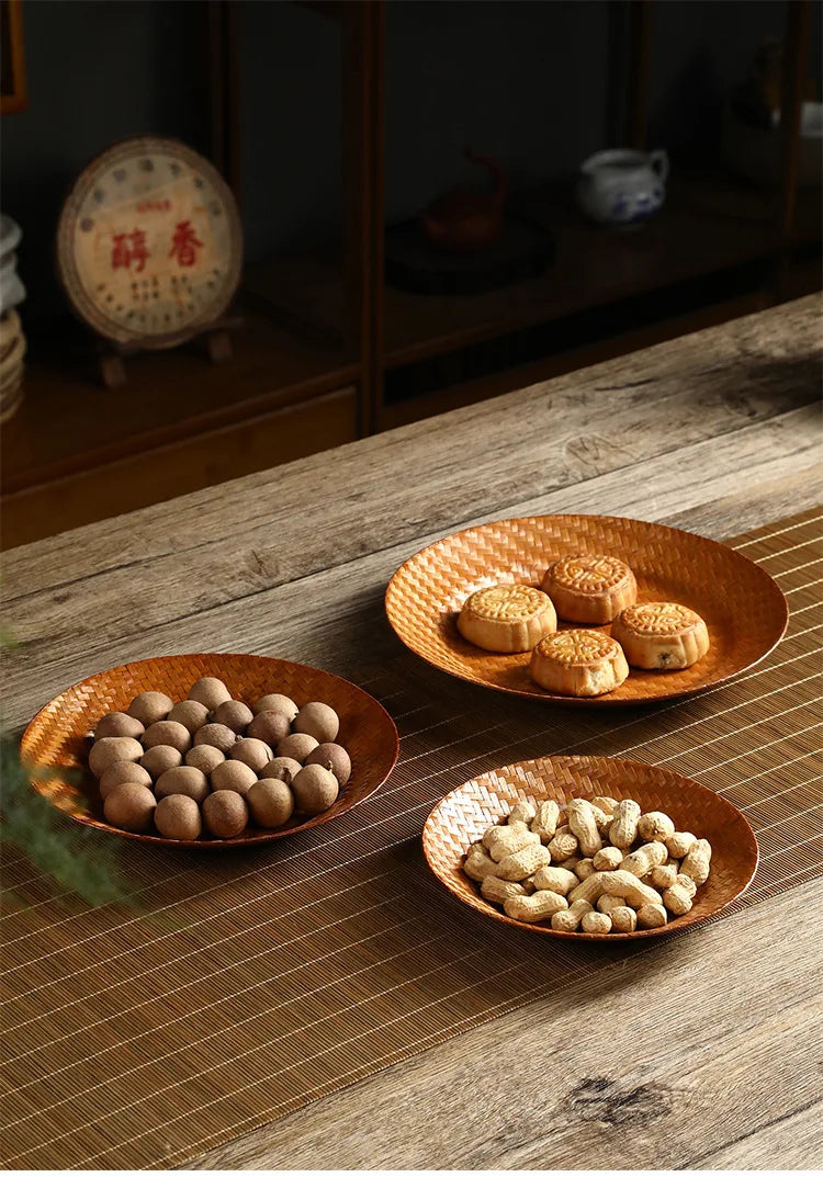 Handmade Bamboo Woven Fruit Plate Set of 3 Japanese Style Snack Dessert Tea Tray Shallow Serving Dishes