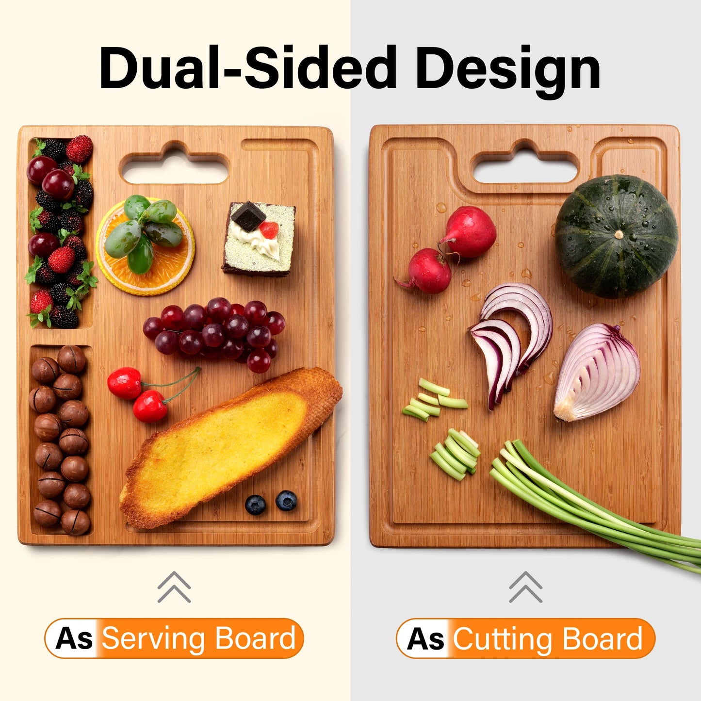 Large Bamboo Wood Cutting Board Rectangle Kitchen Cheese Charcuterie Board 2 Built-In Compartments Juice Grooves Butcher Block