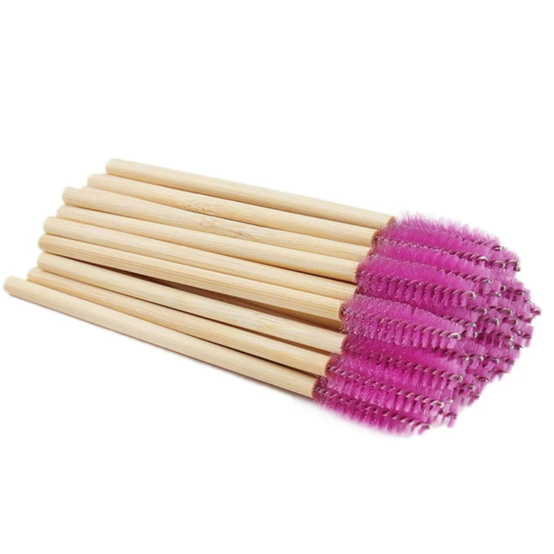 Disposable Wooden Handle Mascara Wand with Nylon Brush Bamboo Sticks Eco-Friendly Eyelash Use 50 Pieces Per Pack