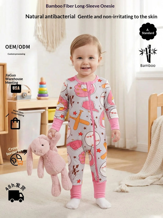 6-24 Months Infant Bamboo Fiber Fabric Onesie Soft and Gentle on Baby's Skin Zipper Design Suitable for All Seasons Jumpsuits