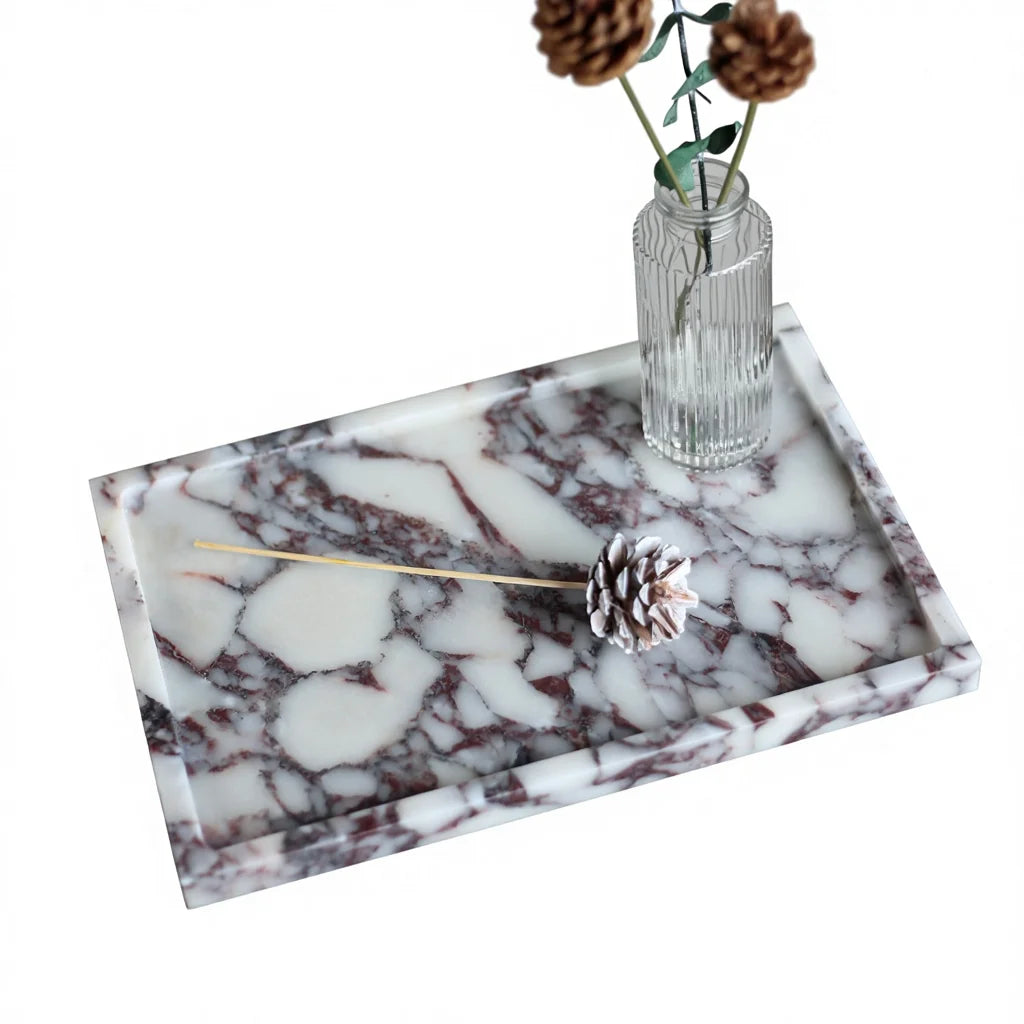 Luxury Natural Rectangle  Calacatta Red Marble Serving Tray Decorative Food Fruit Jewelry Display Tray for Christmas Home Decor