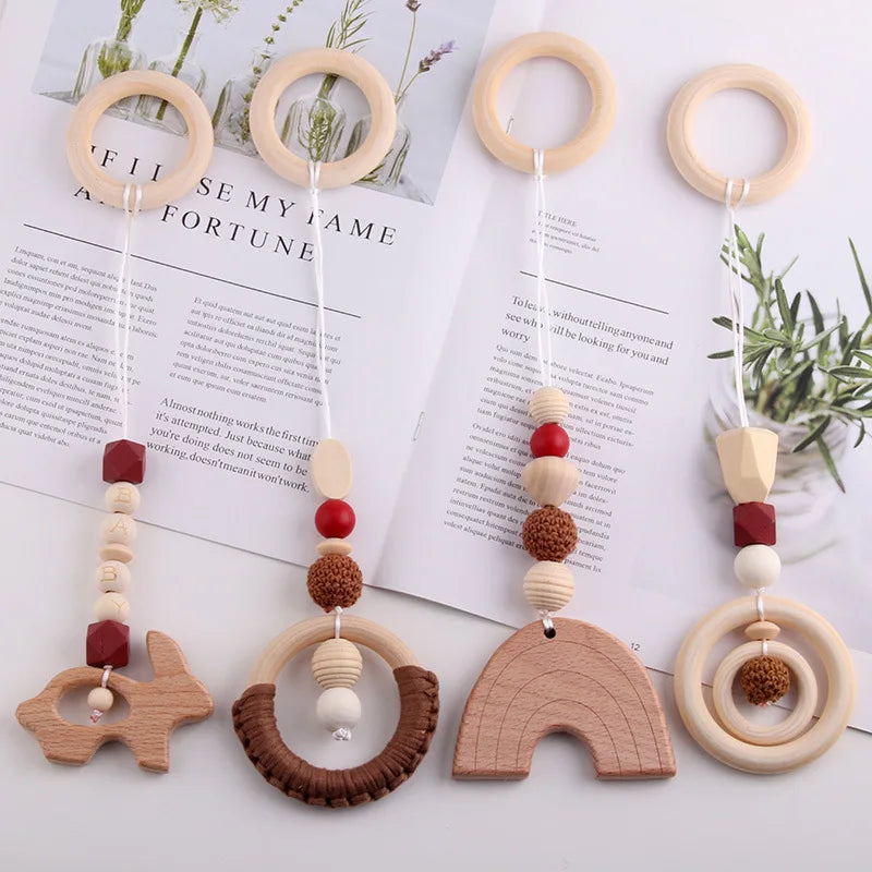 4pcs Organic Rainbow Beech Wood Soft Teether Baby Teething Toy Gift Set Food Grade BPA Free Safe Newborn Infant Beads 30cm