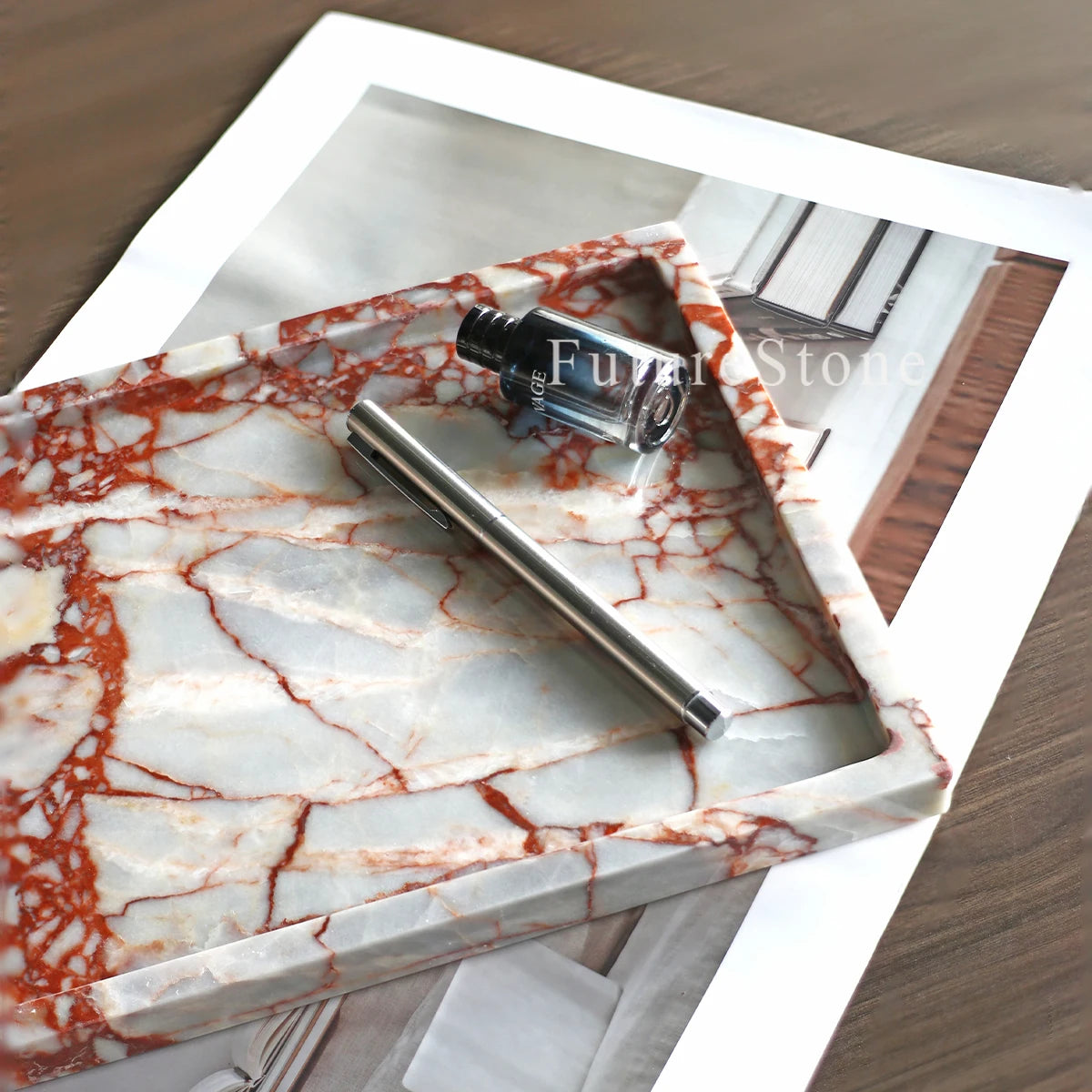 Luxury Natural Rectangle  Calacatta Red Marble Serving Tray Decorative Food Fruit Jewelry Display Tray for Christmas Home Decor