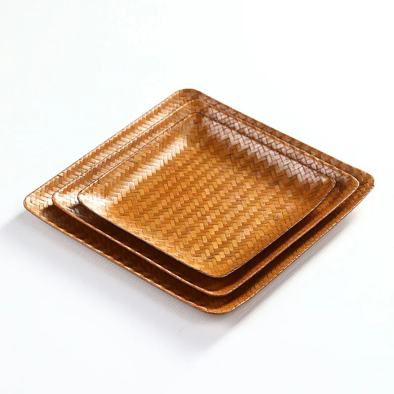 Handmade Bamboo Woven Fruit Plate Set of 3 Japanese Style Snack Dessert Tea Tray Shallow Serving Dishes