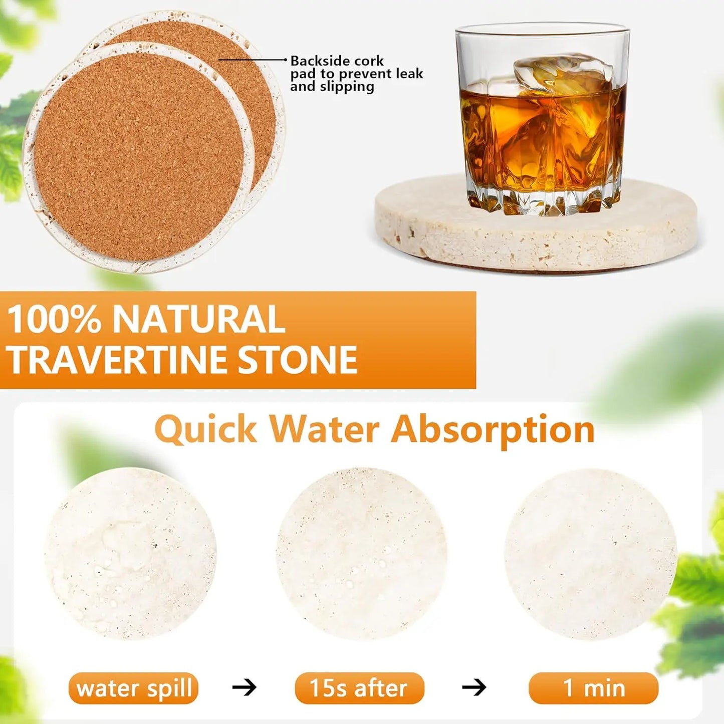 Natural Marble Travertine Coasters Non-Slip Absorbent Round Stone Drink Mat  Cork Pads for Table Decor Wedding Gift