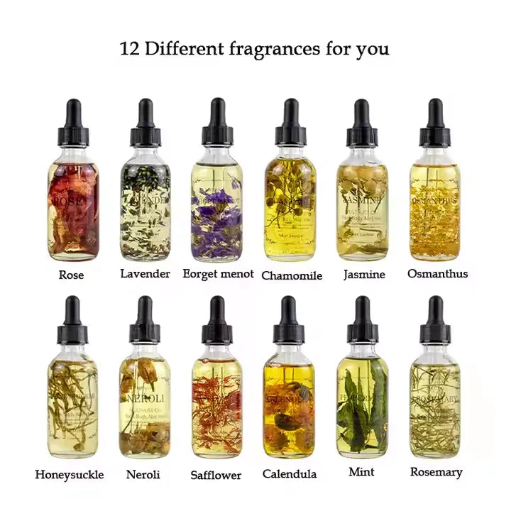 Private Label Natural Organic Multi-Use Oil Face, Body & Hair Blend Massage Oil With Flower