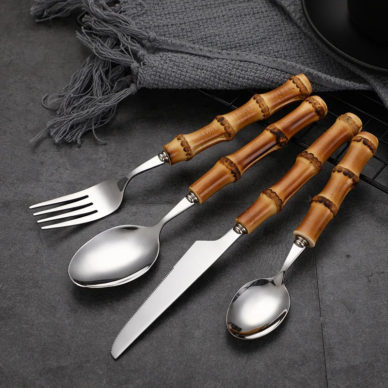 Natural Wooden Handle Spoon Fork Knife Flatware Set Gift Box 304 Stainless Steel Cutlery with Bamboo Handle