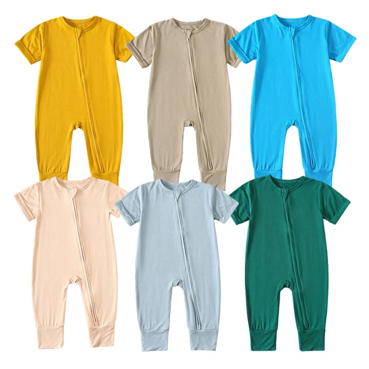 Children's Unisex Bamboo Fiber Spandex Knitted Newborn Rompers Spring Short Sleeve Two-Way Zipper Soft Breathable Climbing