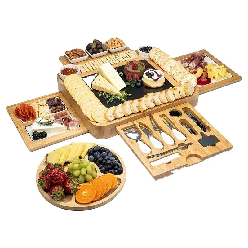 Premium Bamboo Charcuterie Board Set with Extendable Trays & 8-Piece Cutlery - Cheese, Meat & Fruit Serving Platter (OEM/ODM)