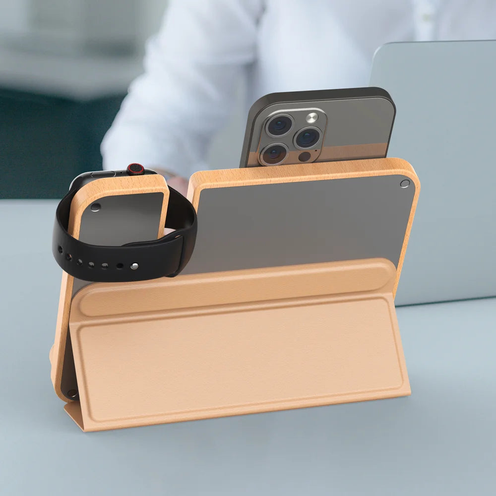 15W Wood/Bamboo Wireless Charger Mobile Stand 3-in-1 Electric PD Charging Station with 5V/1A for IWatch & for