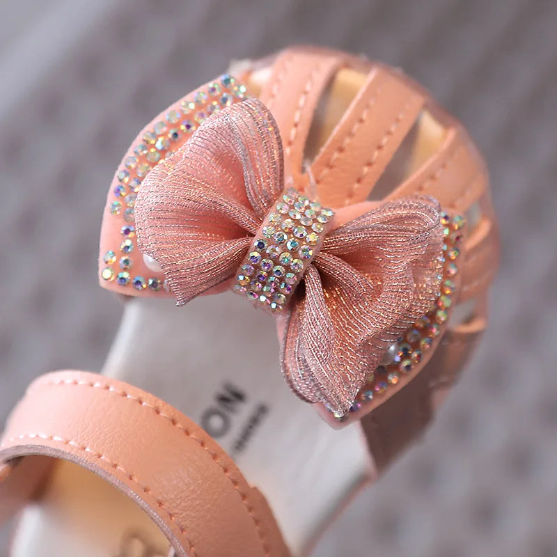 2025 Summer Bow Rhinestone Princess Sandals for Baby Girls Soft Lightweight Toddler Shoes Breathability