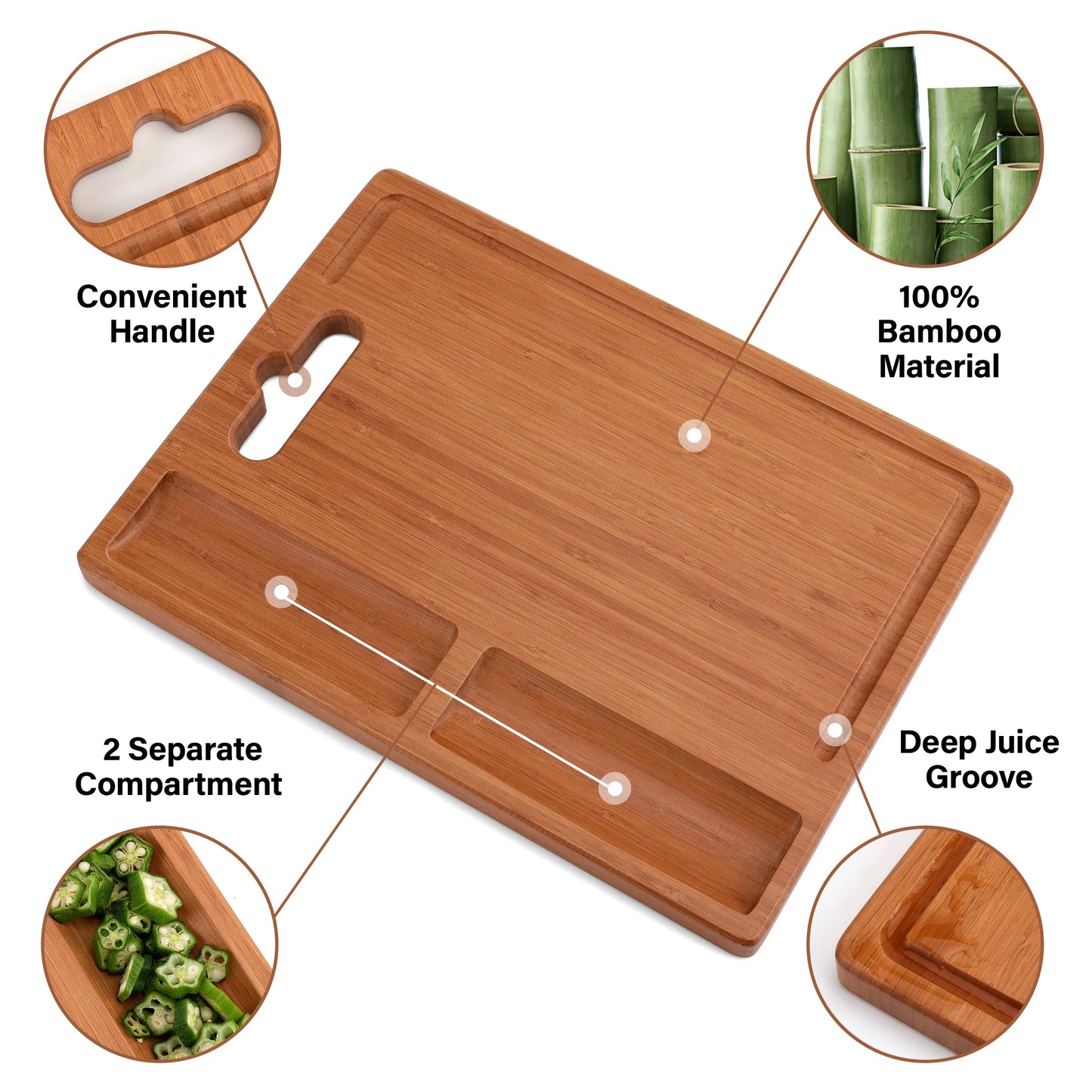 Large Bamboo Wood Cutting Board Rectangle Kitchen Cheese Charcuterie Board 2 Built-In Compartments Juice Grooves Butcher Block