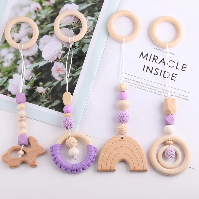 4pcs Organic Rainbow Beech Wood Soft Teether Baby Teething Toy Gift Set Food Grade BPA Free Safe Newborn Infant Beads 30cm