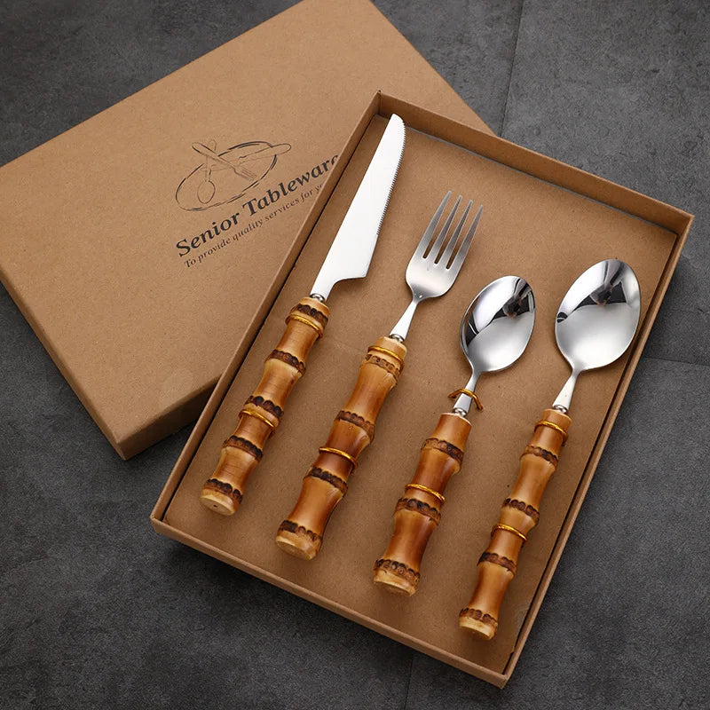 Natural Wooden Handle Spoon Fork Knife Flatware Set Gift Box 304 Stainless Steel Cutlery with Bamboo Handle