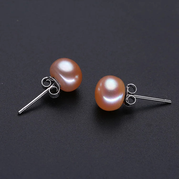 925 Sterling Silver White Wholesale Fresh Water Freshwater Natural Pearl Earrings Flat Button Shape Real Ear Stud Pearl Earrings