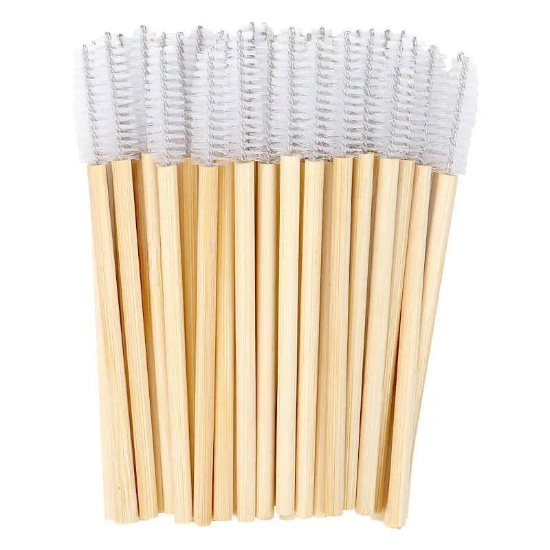 Disposable Wooden Handle Mascara Wand with Nylon Brush Bamboo Sticks Eco-Friendly Eyelash Use 50 Pieces Per Pack