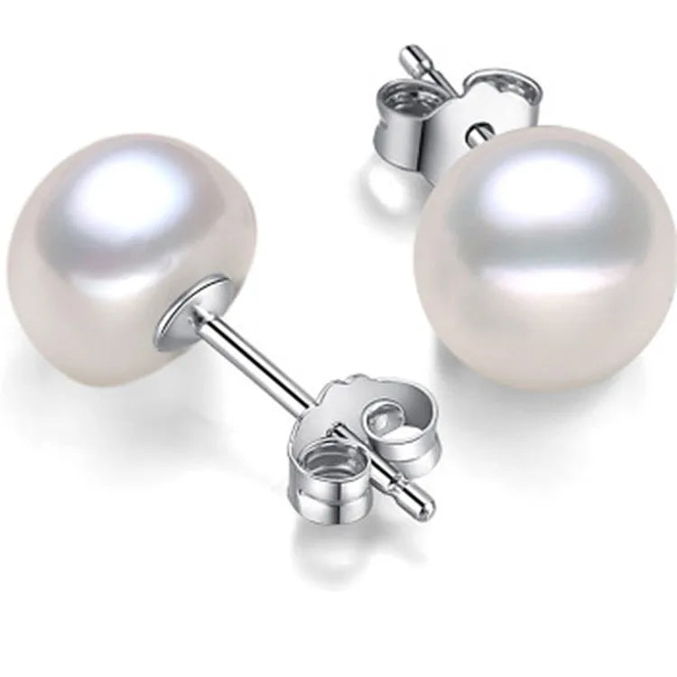 925 Sterling Silver White Wholesale Fresh Water Freshwater Natural Pearl Earrings Flat Button Shape Real Ear Stud Pearl Earrings