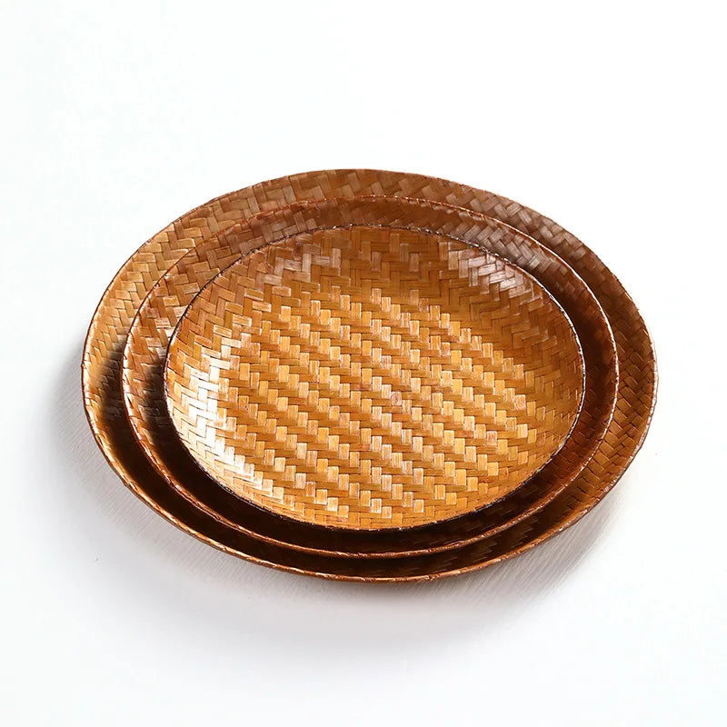 Handmade Bamboo Woven Fruit Plate Set of 3 Japanese Style Snack Dessert Tea Tray Shallow Serving Dishes
