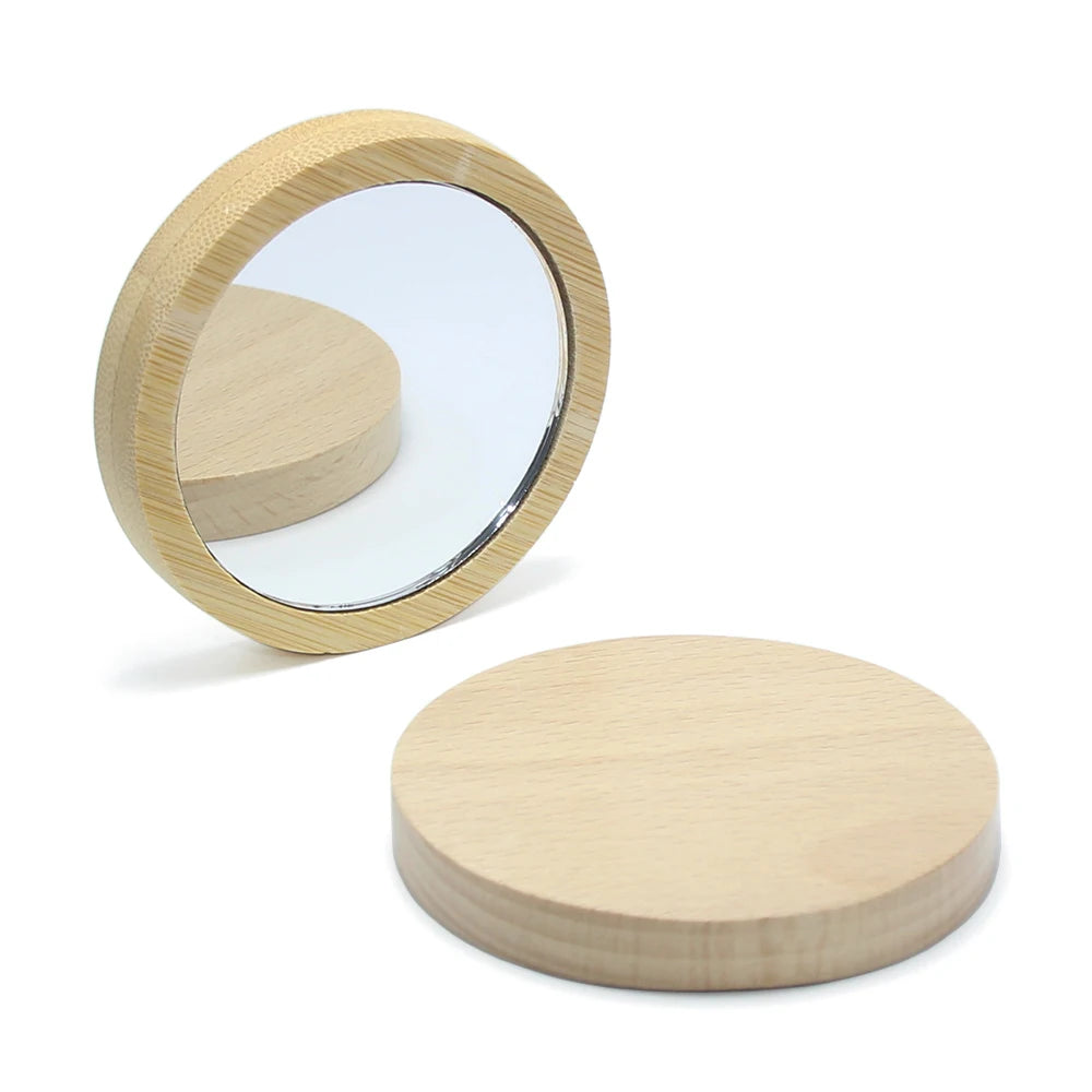 Natural Round Tabletop Pocket Portable Beech Wood Frame Makeup Mirror Bamboo Vanity Mirror Single Cosmetic Wooden Pocket Mirror