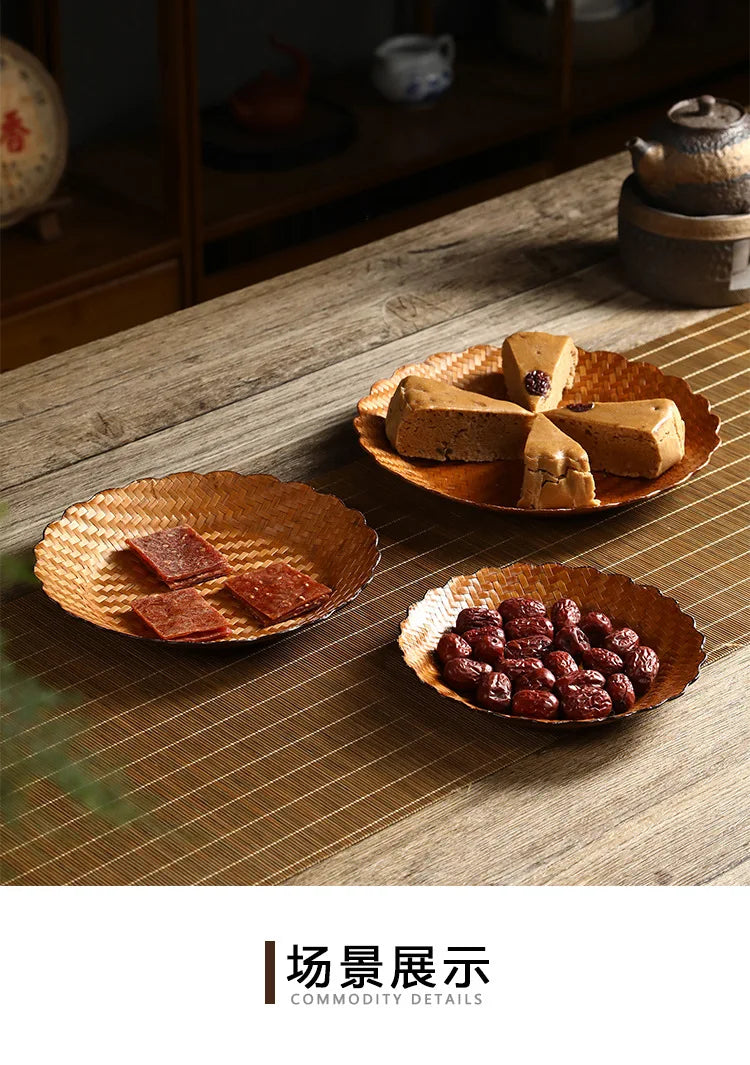 Handmade Bamboo Woven Fruit Plate Set of 3 Japanese Style Snack Dessert Tea Tray Shallow Serving Dishes