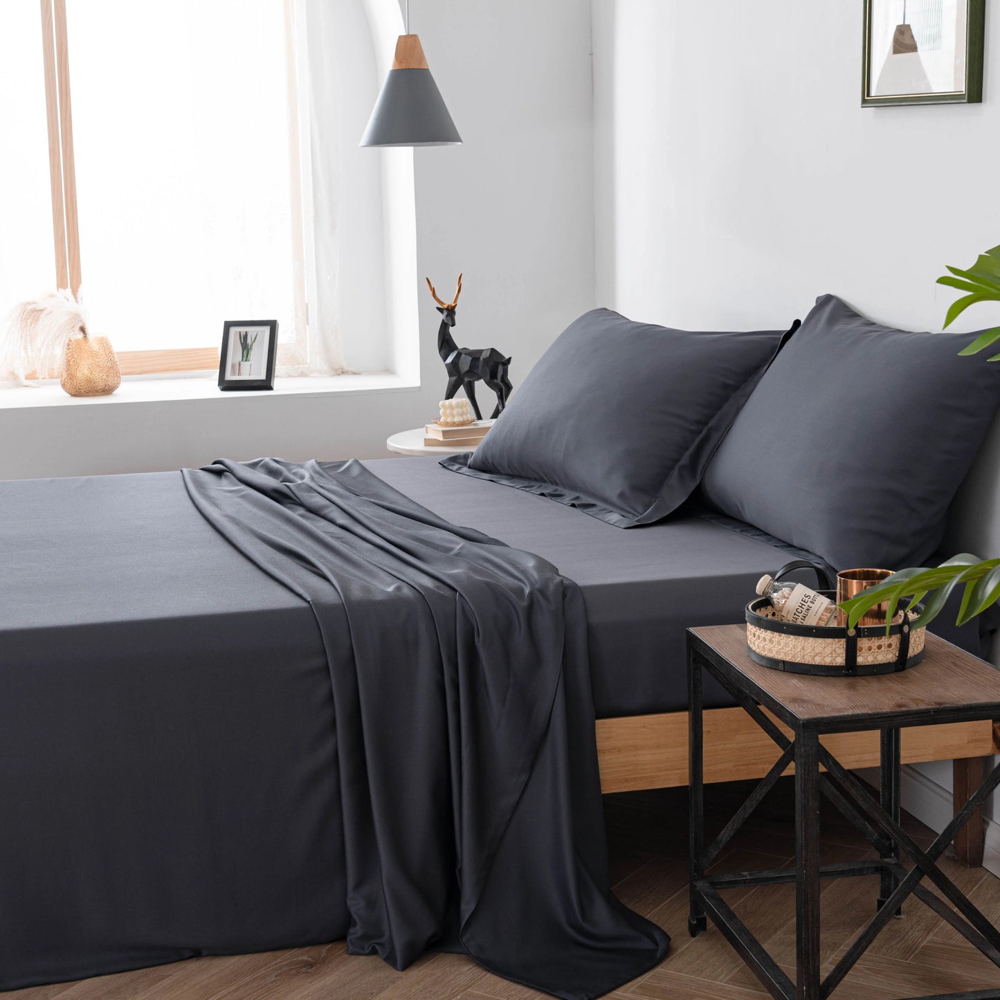 100% Sateen Bamboo Bed Linen Sheet Set Pillow Cases,Top Sheet,and Fitted Sheet Queen