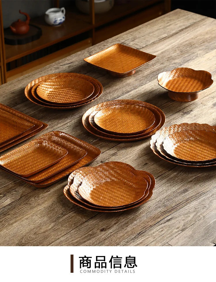 Handmade Bamboo Woven Fruit Plate Set of 3 Japanese Style Snack Dessert Tea Tray Shallow Serving Dishes