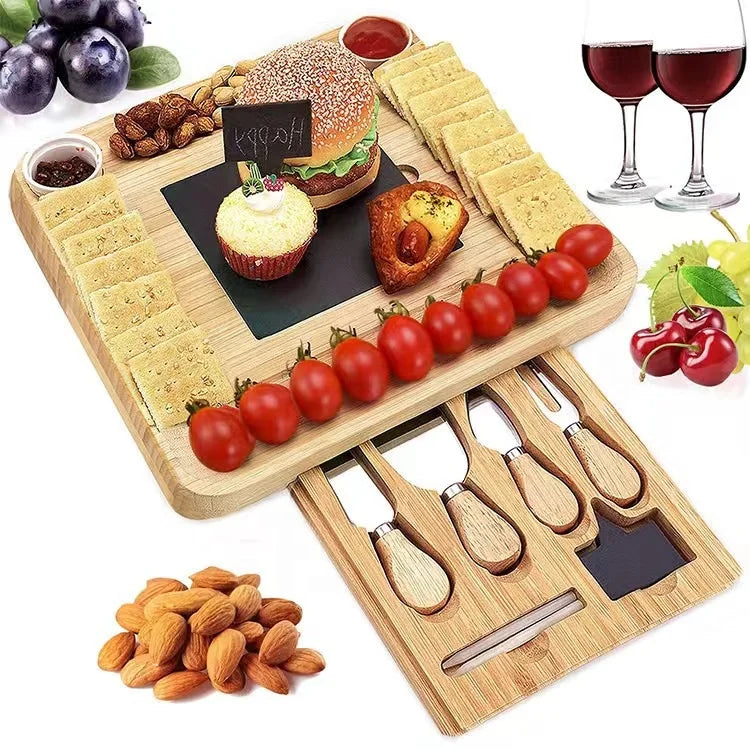 Bamboo Cheese Board Set with Knives and Slate & Two Ceramics Handle Cheese Tool Set Serving Tray