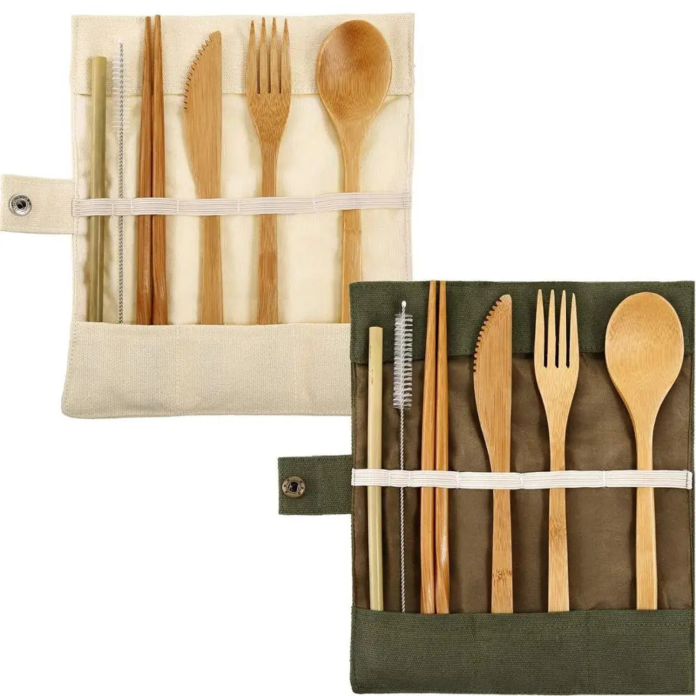 Knife Fork Spoon Chopsticks Drinking Straw and Clean Brush Set Portable Bamboo for Home Kitchen High Quality Custom 7 Pcs Modern