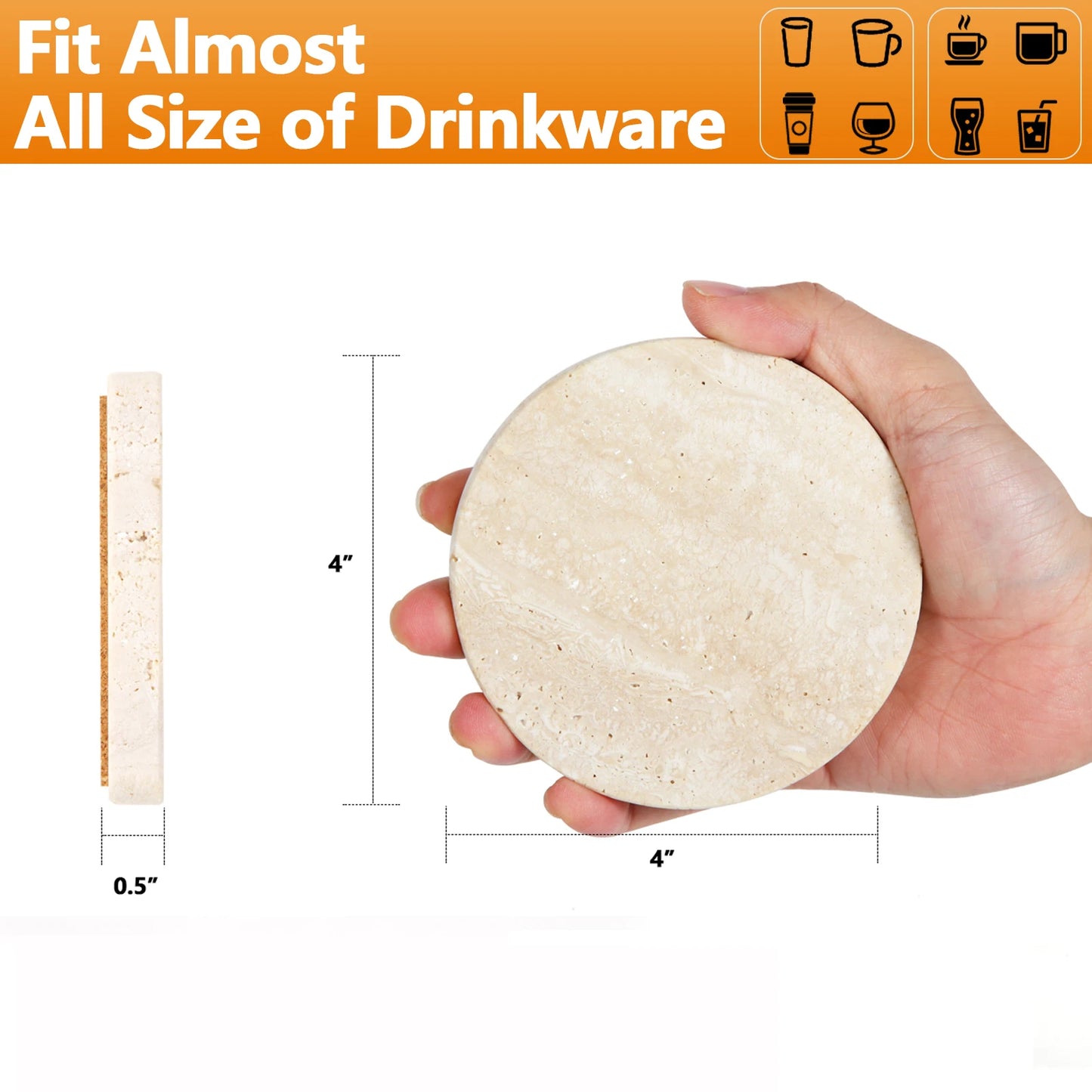 Natural Marble Travertine Coasters Non-Slip Absorbent Round Stone Drink Mat  Cork Pads for Table Decor Wedding Gift