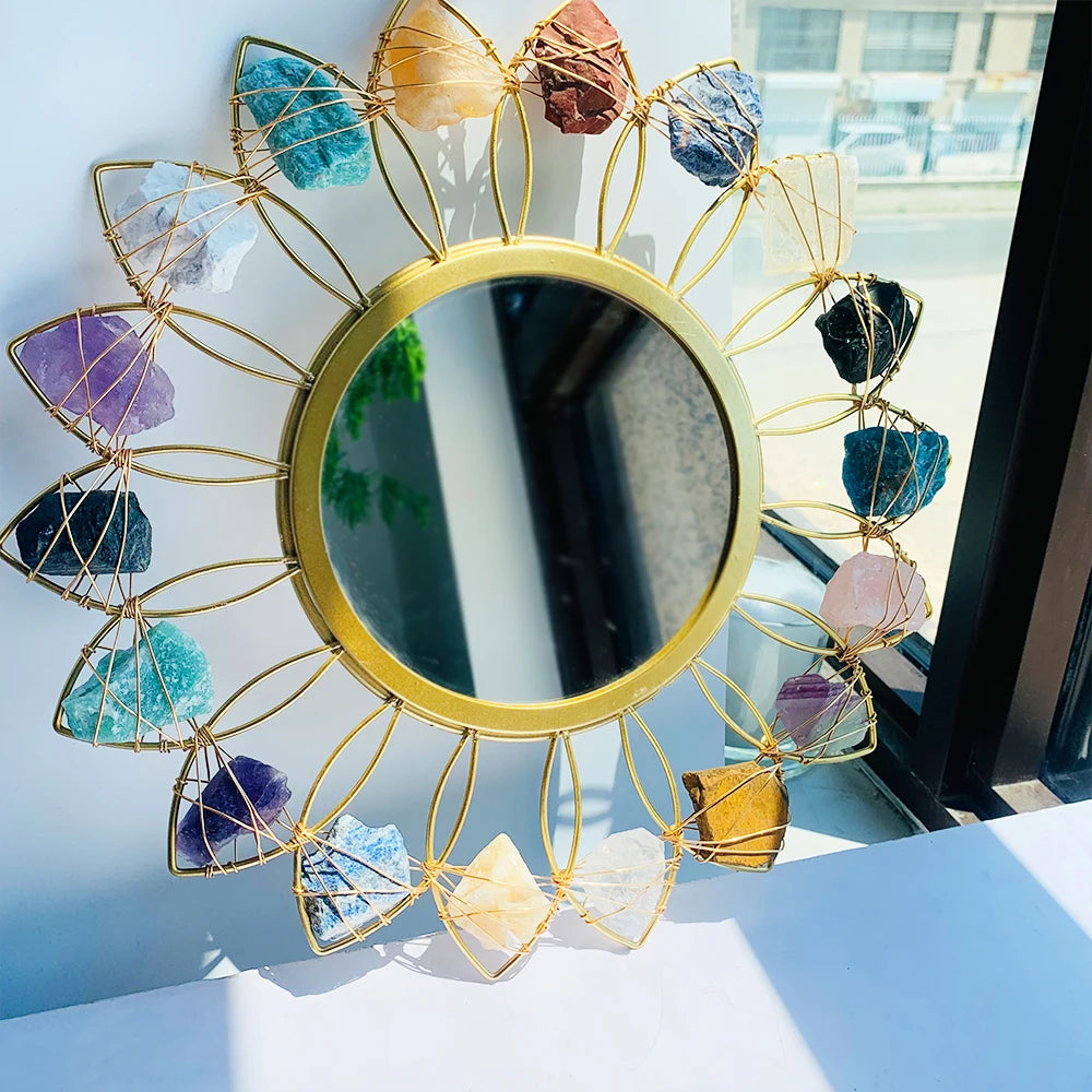 Modern Natural Crystal Luxury Metal Wall Mirror Hotel Home Decorative Fashionable Gold Shape Wall Dressing Table Mirror
