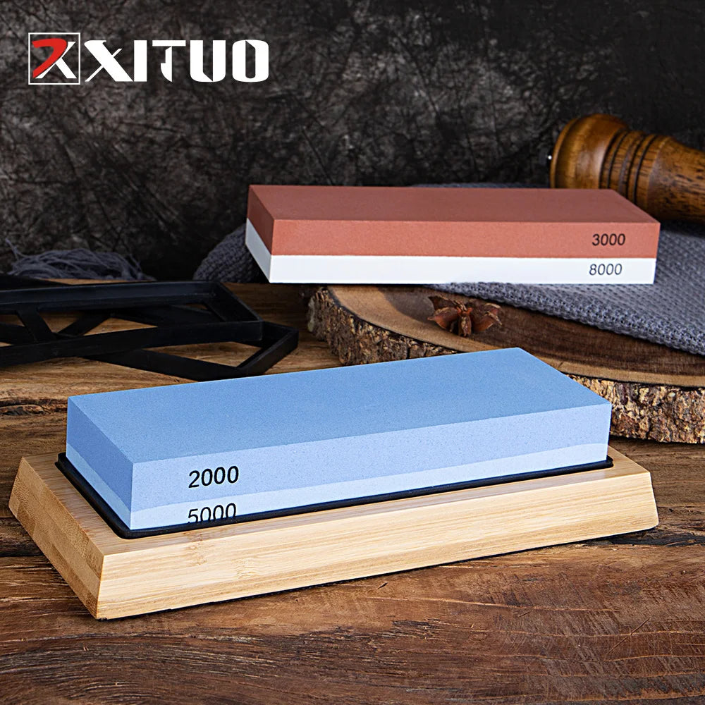 Knife Sharpener Stone 2 Side Whetstone Kit Quick Sharpening for Damascus and Quality Knife With NonSlip Bamboo Base