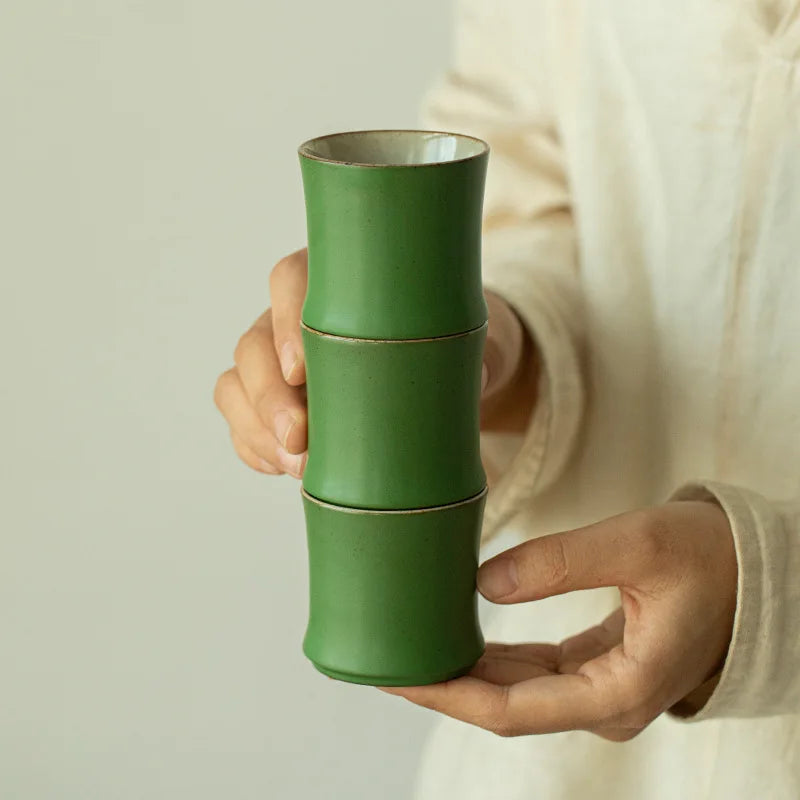 Modern Disposable Ceramic Green Glazed Travel Kung Fu Tea Set High-end Master Cup Ceramic Teacup Bamboo Cup