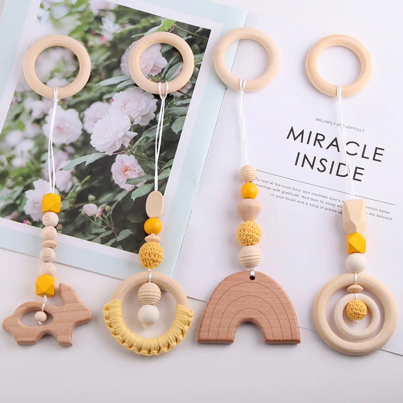 4pcs Organic Rainbow Beech Wood Soft Teether Baby Teething Toy Gift Set Food Grade BPA Free Safe Newborn Infant Beads 30cm